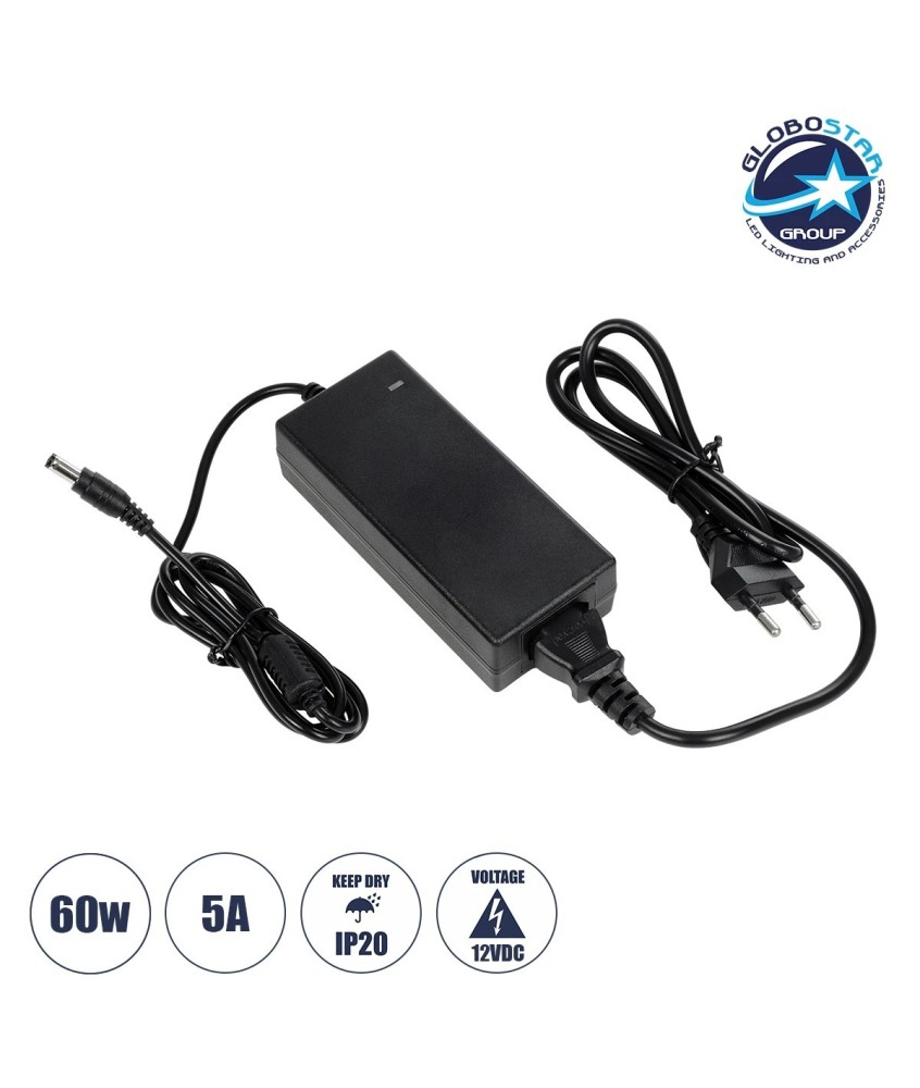 GloboStar® 73073 Πλαστικό Τροφοδοτικό SELV για προΪόντα LED 60W 5A - AC220-240V σε DC 12V - IP20 - Μ12 x Π5 x Υ3cm - 2 Χρόνια Εγγύηση